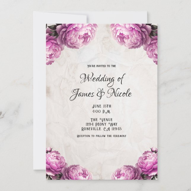 Convite Flores de Peônia Rosa Brilhante Casamento Rústico  (Frente)