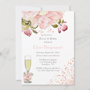 Convite Flores de Peony Douradas rosa Glitter Brunch e Bub