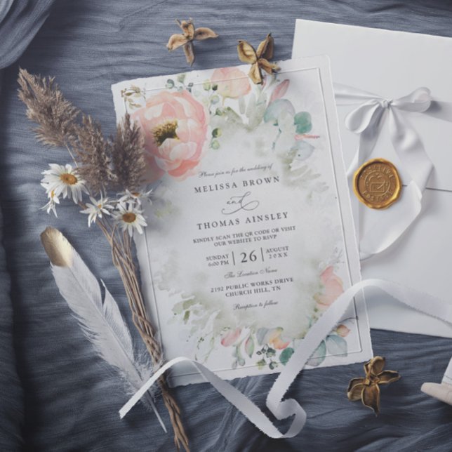 Convite Flores de Pêssego Botânicas Casamento Código QR El (Criador carregado)