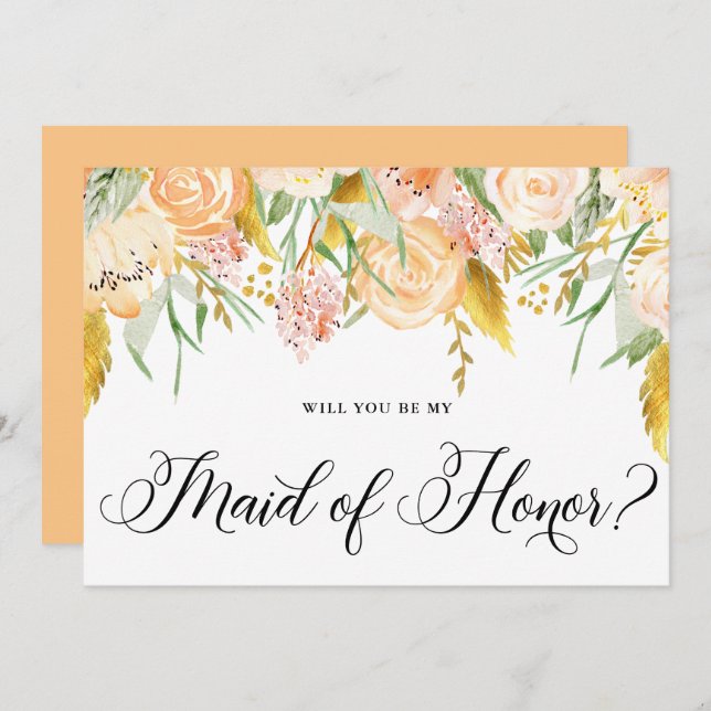 Convite Flores De Pêssego Douradas Você Será Minha Madrinh (Frente/Verso)