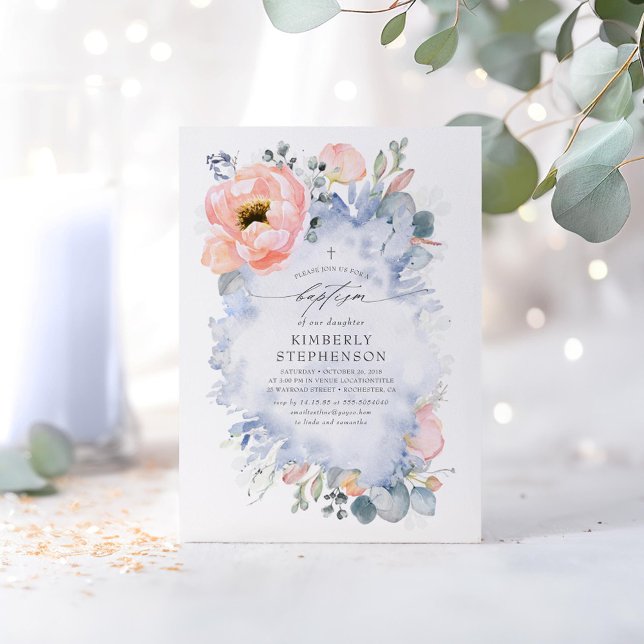 Convite Flores de Pêssego e Batismo Azul Cinzento (Dusty Blue and Blush Baptism Invitations)