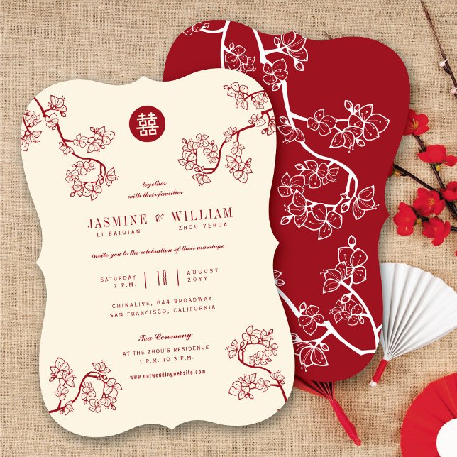 Convite Flores de Pêssego Vermelho/Ameixa Dupla Felicidade (Red/Ivory Peach/Plum Blossoms Double Happiness Chinese Wedding Invitation @ fatfatin_red_knot)