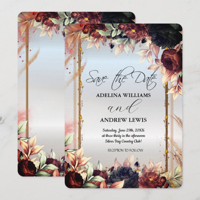 Convite Flores de Prata Reais Rosa, Quadro Dourado (Frente/Verso)