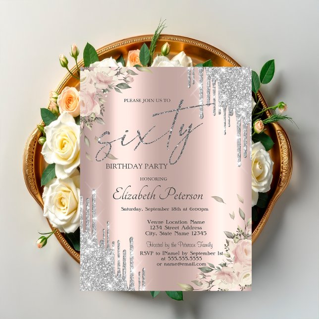 Convite Flores de Prateado com Brilho e Pingos Rosa Dourad (Criador carregado)