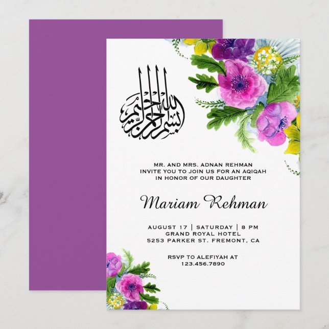 Convite Flores de Primavera Bebê Menina Aqiqah (Frente/Verso)