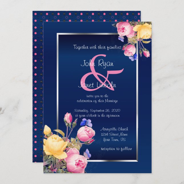 Convite Flores de primavera bonito no Casamento Azul Marin (Frente/Verso)