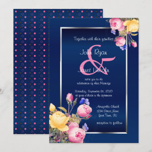 Convite Flores de primavera bonito no Casamento Azul Marin