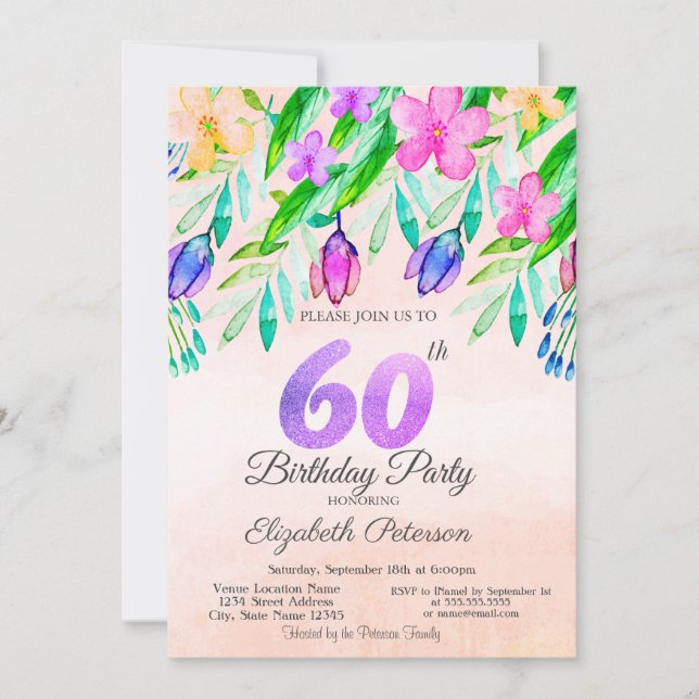 Convite Flores de Primavera em Aquarela 60º Aniversário (Frente)