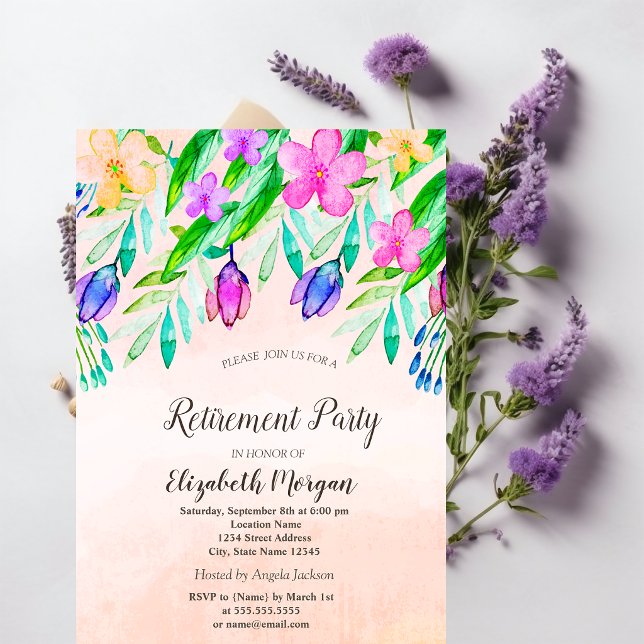 Convite Flores de Primavera em Aquarela Aposentadoria  (Criador carregado)