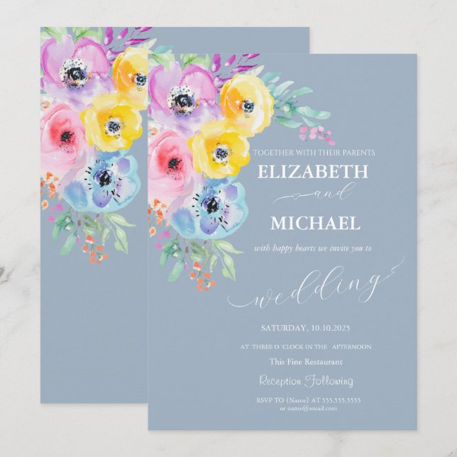 Convite Flores de Primavera em Aquarela Casamento Azul Emp (Frente/Verso)