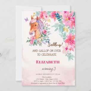 Convite Flores de Primavera em Aquarela Pônei de Aniversár