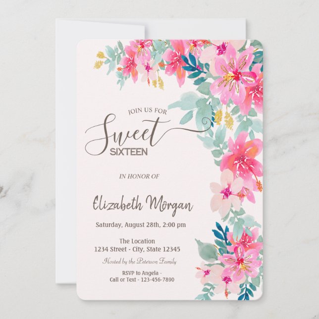 Convite Flores de Primavera em Aquarela Sweet 16 (Frente)