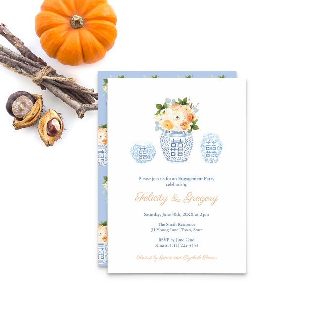 Convite Flores de queda Elegante Festa de noivado de ferru (Elegant engagement party invitation featuring a ginger jar filled with autumn flowers and pumpkins)