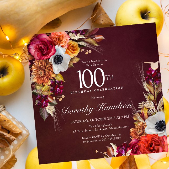 Convite Flores de Queda Vermelha Burgundy Script 100º Aniv (100th Birthday Fall Flowers Square Invitation. )