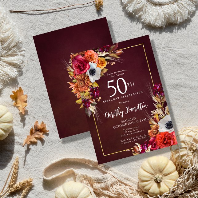 Convite Flores de Quedas Burgundy - Escrita Legante 50º An (Fall Flowers and a Burgundy Red Background Create a Dramatic 50th Birthday Invitation)
