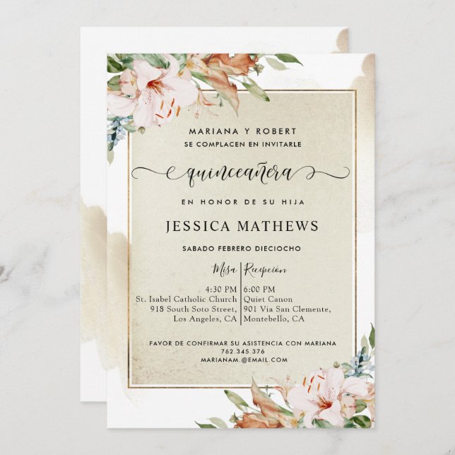Convite Flores de Quinceañera em tons de Espanhol, Champan (Frente/Verso)