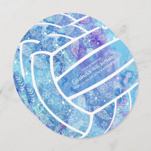 Convite Flores de rabo penas voleibol azul (Frente/Verso)