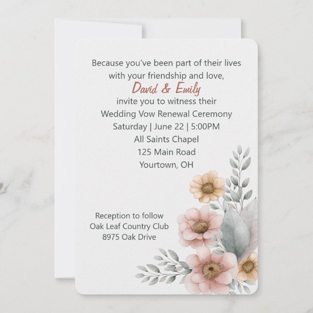 Convite Flores de Renovação de Votos em Branco (Frente)