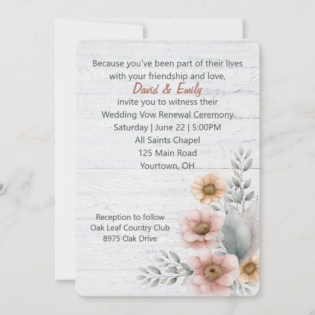 Convite Flores de Renovação de Votos em Madeira Branca (Frente)