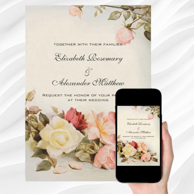 Convite Flores de Rosa de Jardim Antiquado do casamento vi (Vintage Wedding Antique Garden Rose Flowers Invitation)