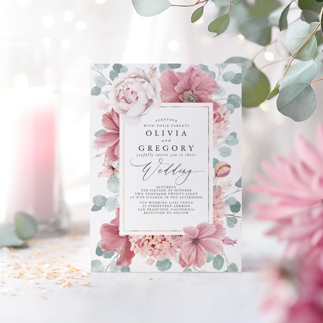 Convite Flores de Rosa Dusty e Casamento Elegante Verde (Dusty Pink Flowers Wedding Invitations)