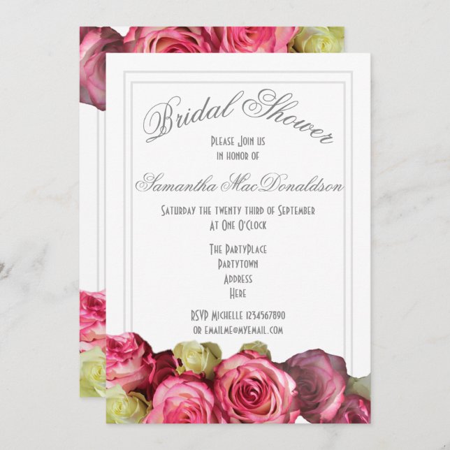 Convite Flores de rosa rosa no verão chá de noiva (Frente/Verso)