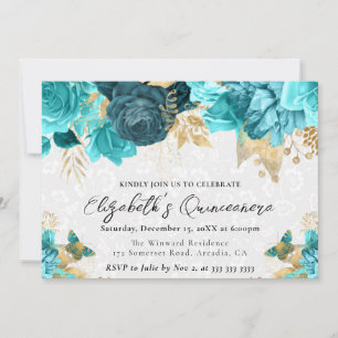 Convite Flores de Teal e Dourado em Aquarela Quinceanera