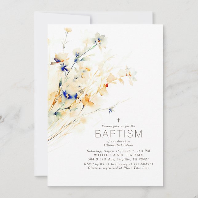 Convite Flores de Terra Flores Elegantes Batismo (Frente)