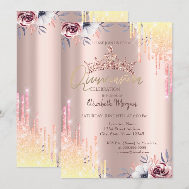 Convite Flores de Tiara Rose Gold Quinceañera (Frente/Verso)