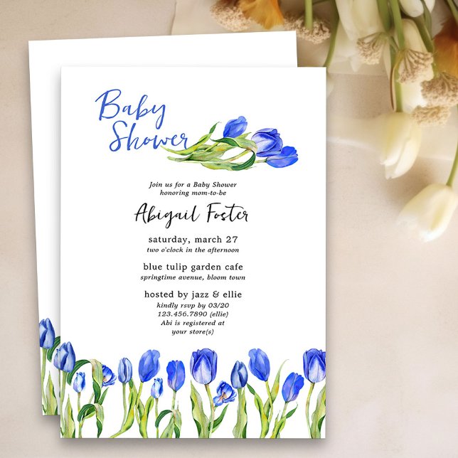 Convite Flores de Tulipa Primavera Chuva de Flores de Bebê (Spring Baby Shower Invitation with blue tulips)