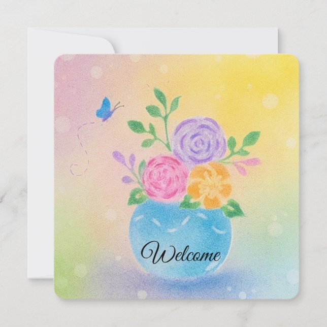 Convite Flores de Vaso Pastel Arte Borboleta (Frente)