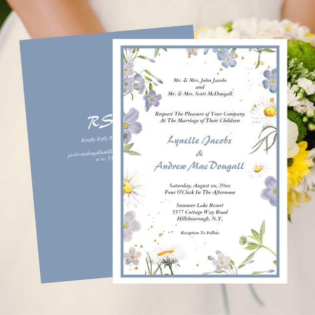 Convite Flores de Verão Casamento Azul com RSVP (Summer Flowers Blue Wedding with RSVP Invitation)