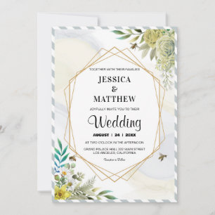 Convite Flores de Verão Moldura Dourada Casamento