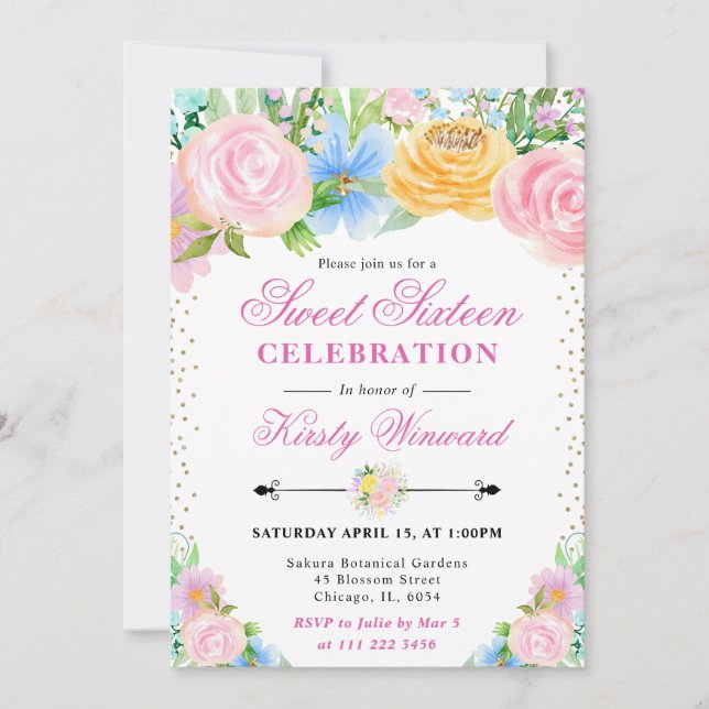 Convite Flores de Verão rosa e amarela são doces dezesseis (Frente)