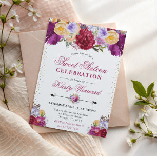Convite Flores de Verão Roxas e Vermelhas Sweet Sixteen