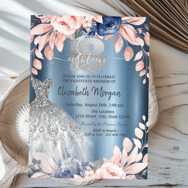 Convite Flores de Vestido Azul 18º Metálico (Criador carregado)