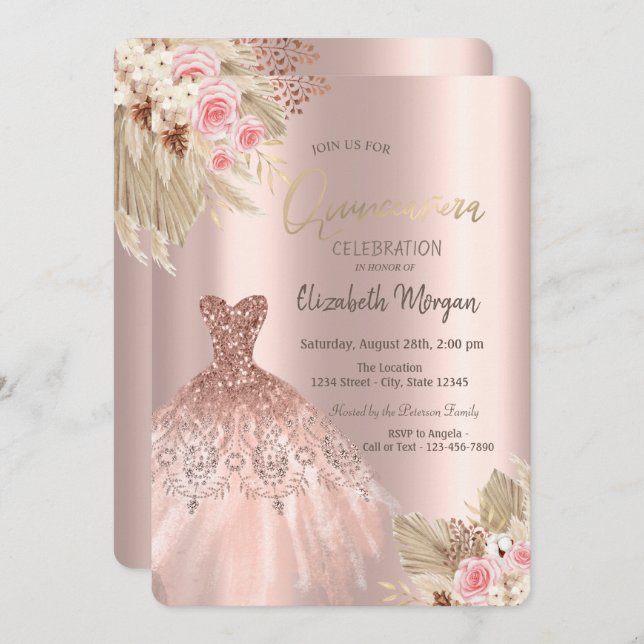 Convite Flores de Vestido com rosa Dourada Quinceañera (Frente/Verso)