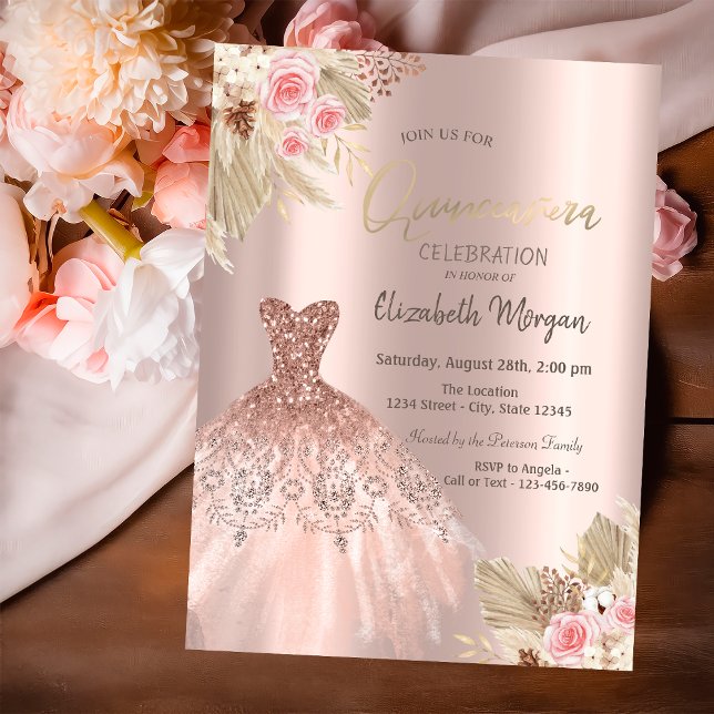 Convite Flores de Vestido com rosa Dourada Quinceañera (Criador carregado)