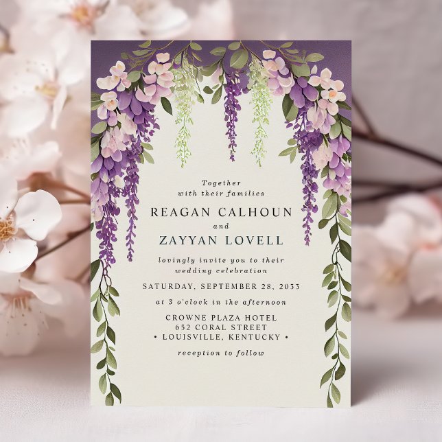 Convite Flores de Wisteria Roxa Vegetação Moderna Casament (Criador carregado)