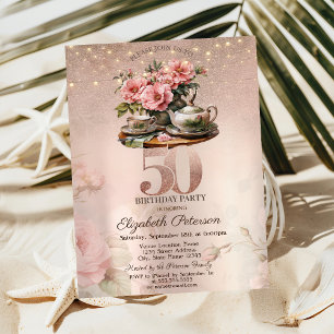 Convite Flores de Xícara de Chá Brilho Dourado Rosa 50º An