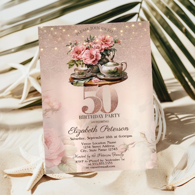 Convite Flores de Xícara de Chá Brilho Dourado Rosa 50º An (Criador carregado)