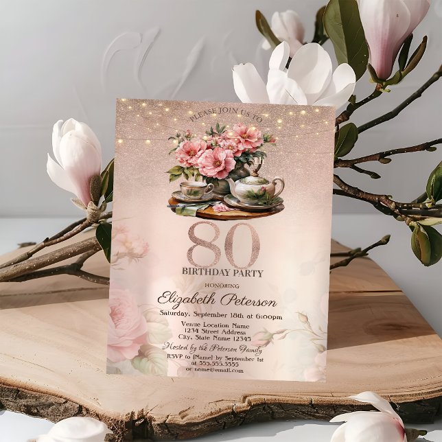Convite Flores de Xícara de Chá Brilho Dourado Rosa Aniver (Criador carregado)