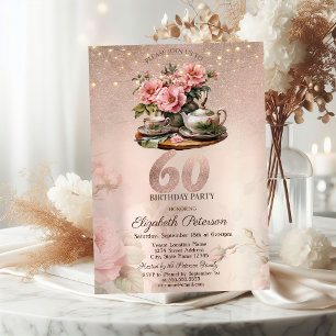 Convite Flores de Xícara de Chá Brilho Dourado Rosa Aniver