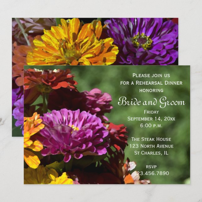 Convite Flores de Zinnia de Jardim Jantar de Ensaios de Ca (Frente/Verso)