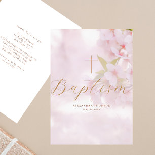 Convite Flores Delicadas Caligrafia Dourada Cruz Batismo