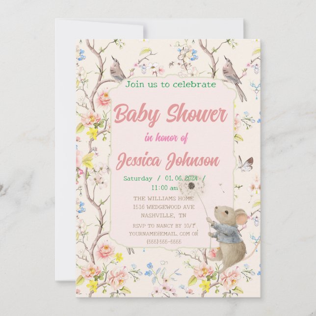 Convite flores delicadas e folhas em estilo chinês (Frente)