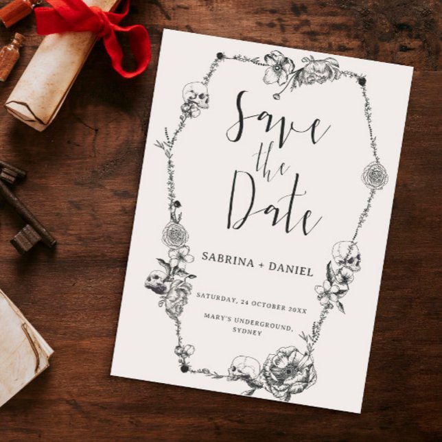 Convite Flores desenhadas à mão gótica Caveira Salvar a da (Criador carregado)