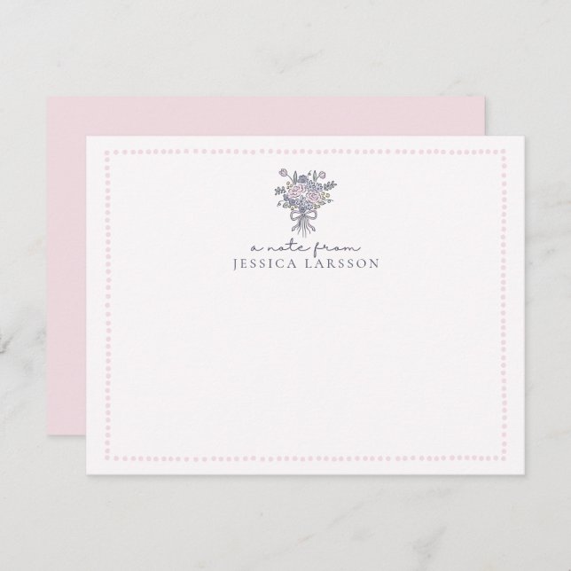 Convite Flores desenhadas à mão, moldura pontilhada a nota (Frente/Verso)