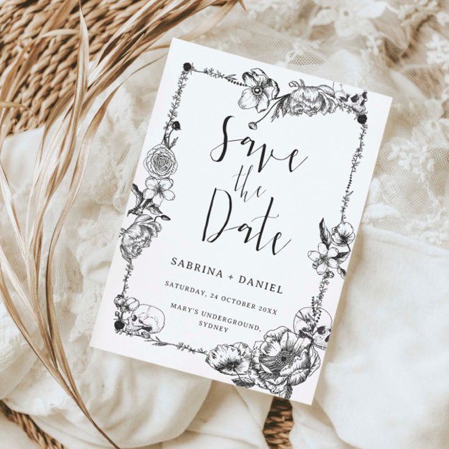 Convite Flores desenhadas na Mão Gótica Caveira Salvar a d (Criador carregado)