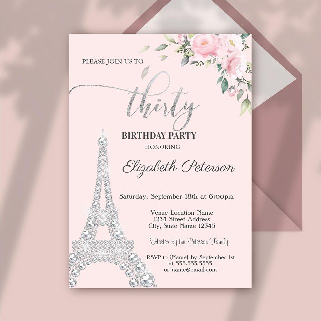 Convite Flores, Diamantes Torre Eiffel 30º Aniversário (Criador carregado)
